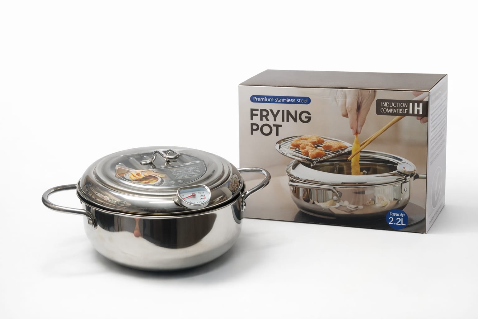 Edelstahl Frittier-Topf mit Thermometer 2,2L